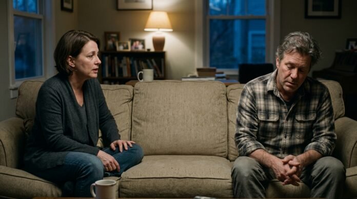 Two people sitting at opposite ends of a sofa mid-conversation, both looking tired, in evening light.