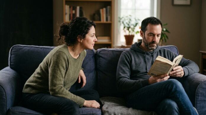 One person turned fully toward their partner, attentive and reading their mood, while the partner sits relaxed and absorbed elsewhere, not turned back.