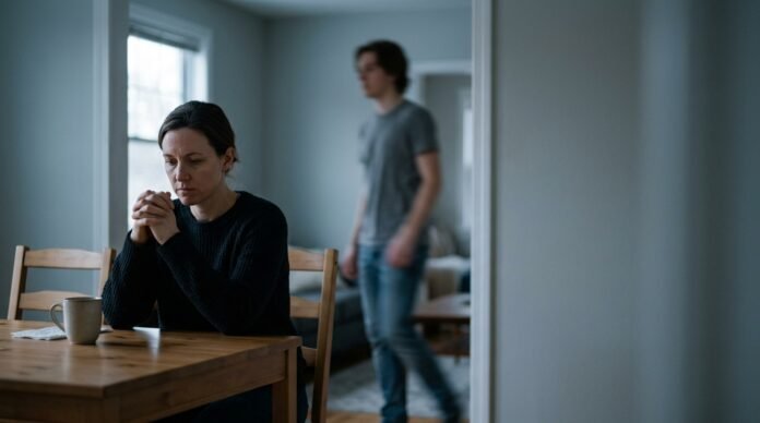 A person sitting alone at a table in the foreground while another moves through the room behind them, not looking over.