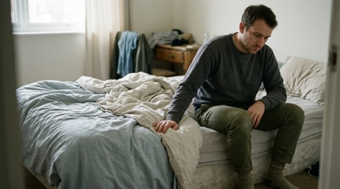 A person sitting alone on the end of an unmade bed in morning light, looking down, one hand resting on the covers.
