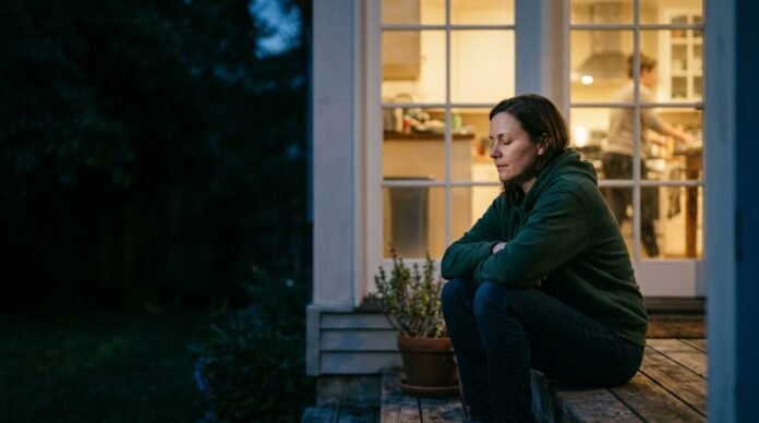A person sitting alone on a back step outside a house, breathing slowly, with the lit kitchen window behind them.