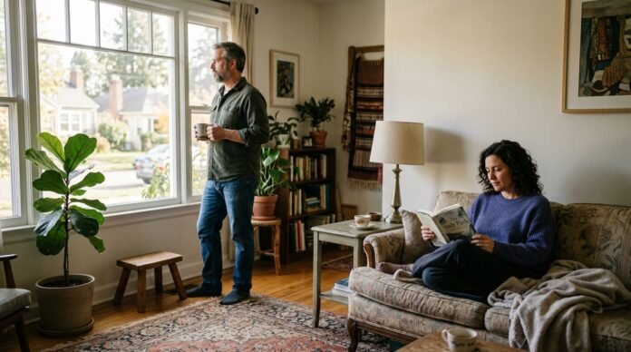 Two people relaxed in the same sunlit room, one reading and one by the window with coffee, comfortable in each other's company and their own space.