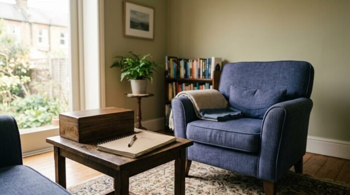 The view from a client's chair in a therapy room: an empty armchair opposite, a small table with an untouched box of tissues, warm side light.