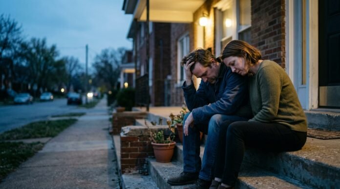 A couple sitting close together on a doorstep at dusk, foreheads nearly touching, both looking tense but connected.