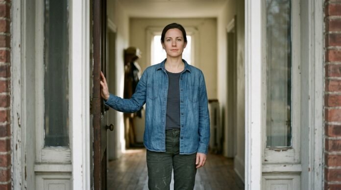 A person standing calm and grounded in an open doorway, one hand resting on the door frame, composed and unhurried.