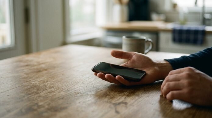 A phone resting in an open hand on a kitchen table in morning light, screen dark, the moment before a call.