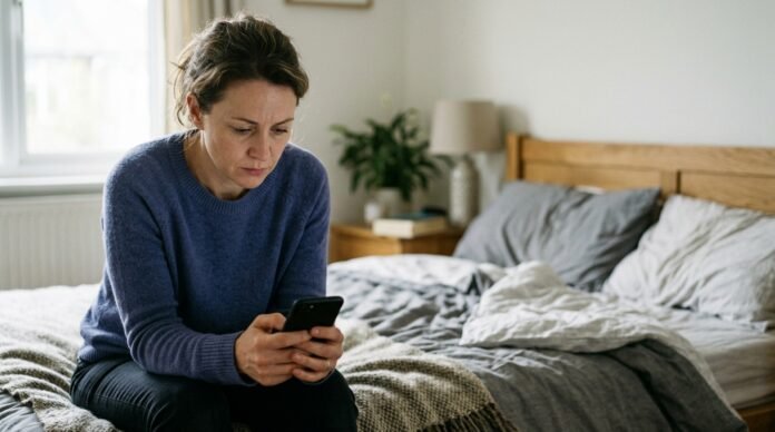 A person looking at their phone with a tense, waiting expression, in soft natural light.