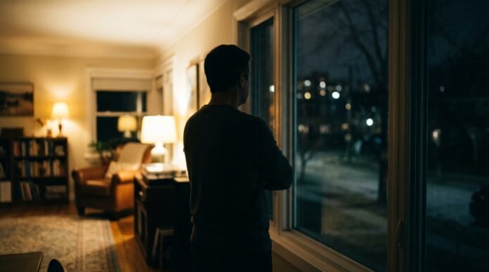 A person standing at a window with their back to a warmly lit room behind them, arms folded, looking out into the dark.