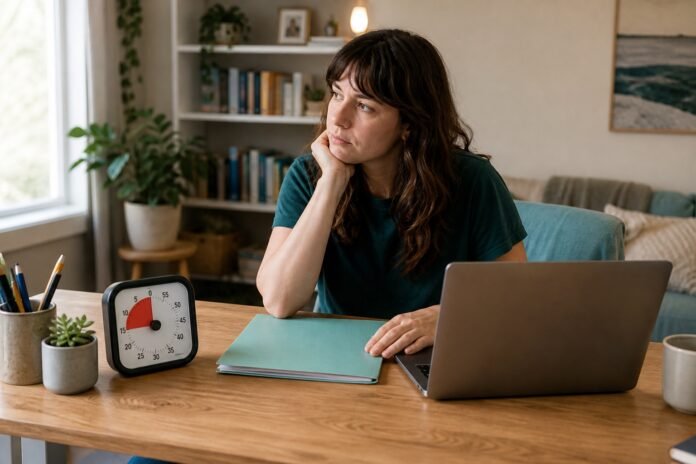 A woman pauses at a desk beside a visual timer, an open laptop, and a folder ready for the first step.