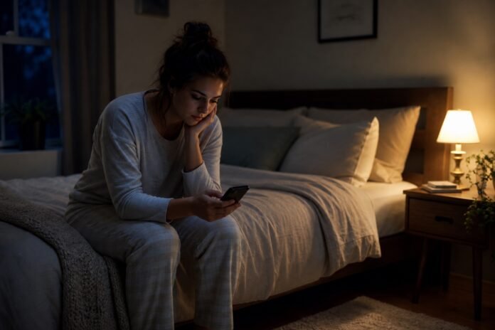 A tired woman sits on the edge of her bed using her phone late at night.