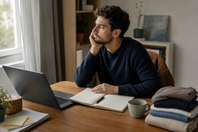 A man pauses at his desk beside an open notebook after completing several small household tasks.