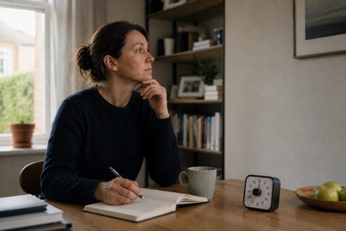 A person pauses while journaling beside a small timer, noticing that an emotion remains.