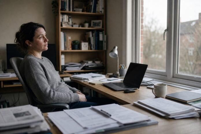A depleted worker sits back from a laptop at the end of the workday.