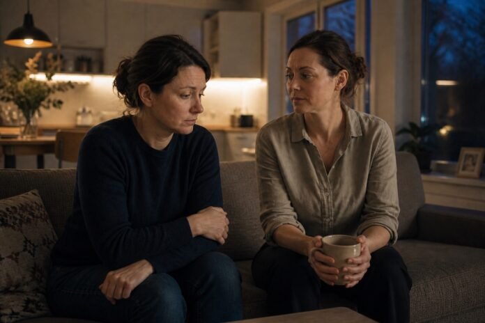 Two people sit together quietly as one offers a calm, reassuring presence.