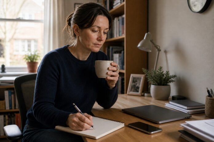 A person writes down a firm next step while holding a warm mug at a home desk.