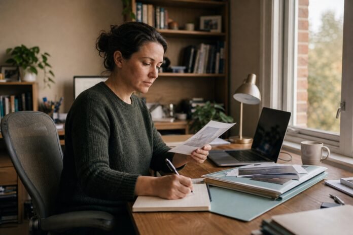 A person reviews completed work and writes a note at a home office desk.