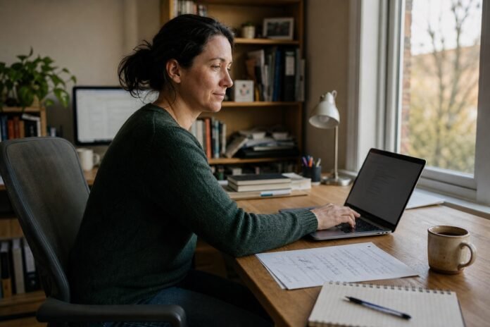 A person submits a piece of work from a calm home office.