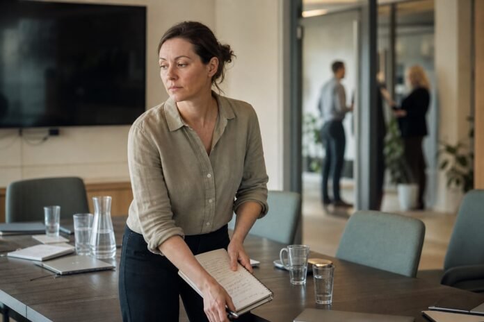 A professional woman gathers her notes after leading a workplace presentation.