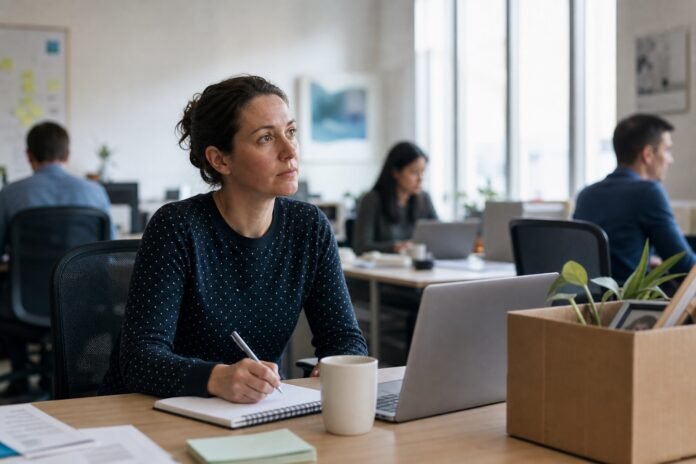 A new employee takes notes at an unfamiliar workstation.