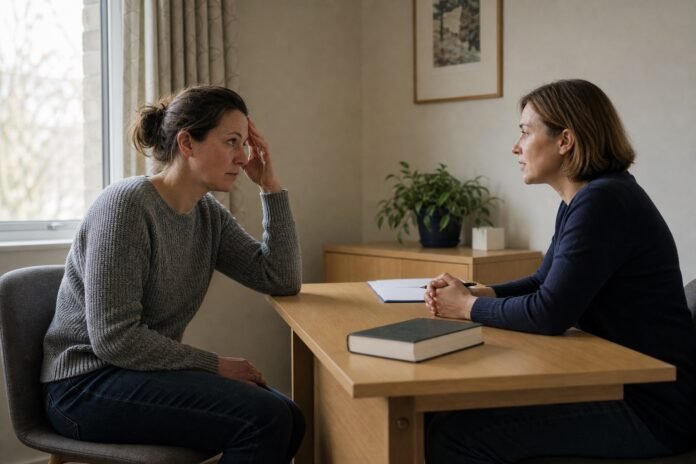 An exhausted worker speaks with a healthcare professional in a quiet consultation room.