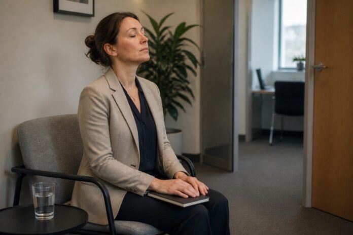 A job candidate takes a slow breath while waiting outside an interview room.