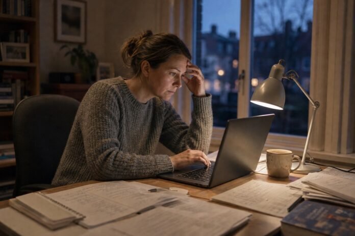 A person checks work on a laptop again at dusk, surrounded by draft pages.