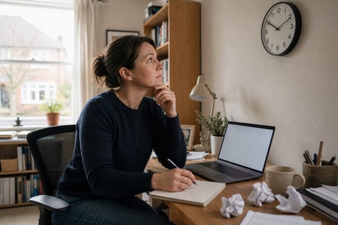 A person sits beside a blank notebook and laptop while watching the clock.