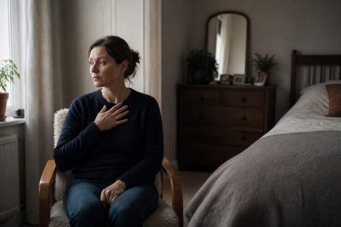 A person pauses during a self-compassion exercise as unexpected emotion surfaces.