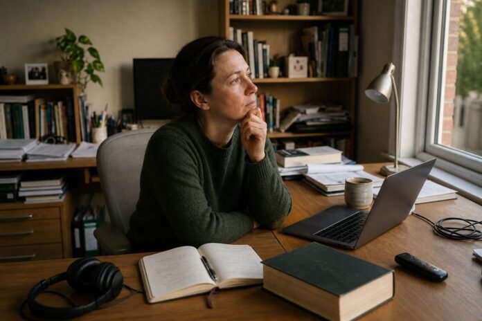A person considers several different work tools at a home office desk.