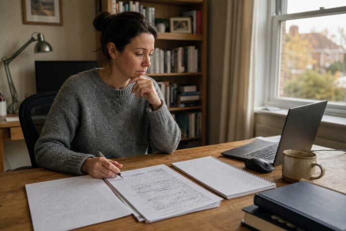 A person reviewing several revised drafts at a home office desk.