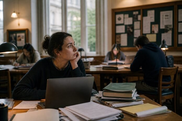 A university student surrounded by coursework pauses in a busy library.