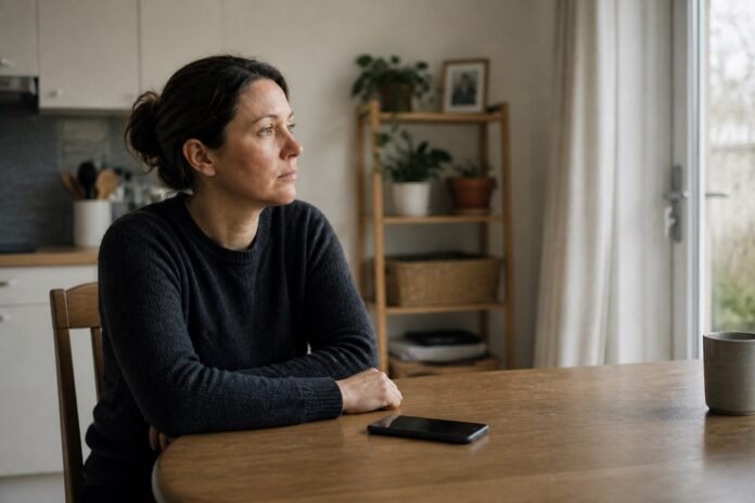 A person sits quietly at a kitchen table with a distant, emotionally flat expression.