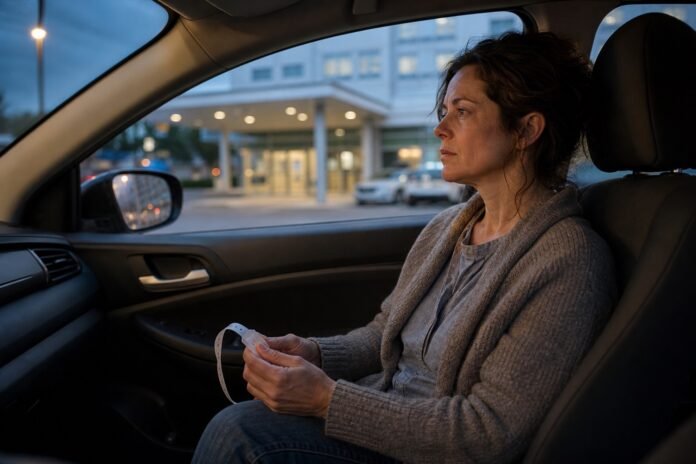 A caregiver sits in a parked car outside a hospital after visiting a seriously ill relative.