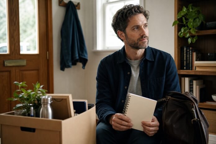 A man holds a fresh notebook beside a packed work bag and a box of old office belongings.