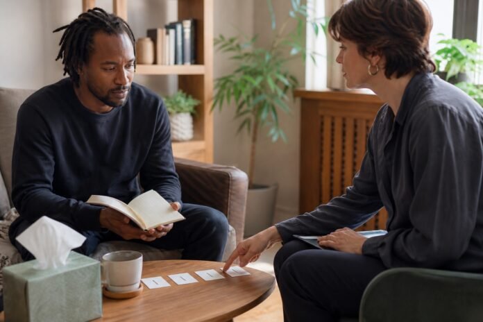 An adult client and therapist review a blank progress journal together in a counseling room.