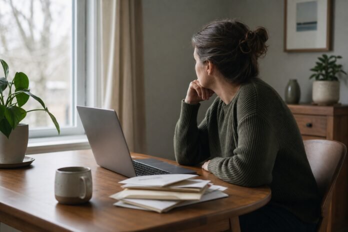 An adult pauses at a home workspace after returning to an ordinary morning routine.