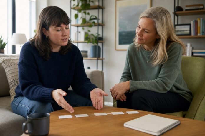 A patient and clinician review a simple timeline together during a consultation.