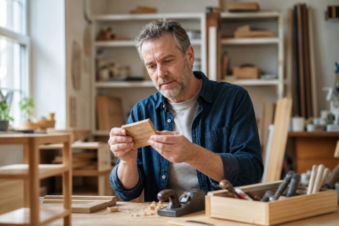 A man in his fifties examines a small wooden piece while trying a new skill in a workshop.