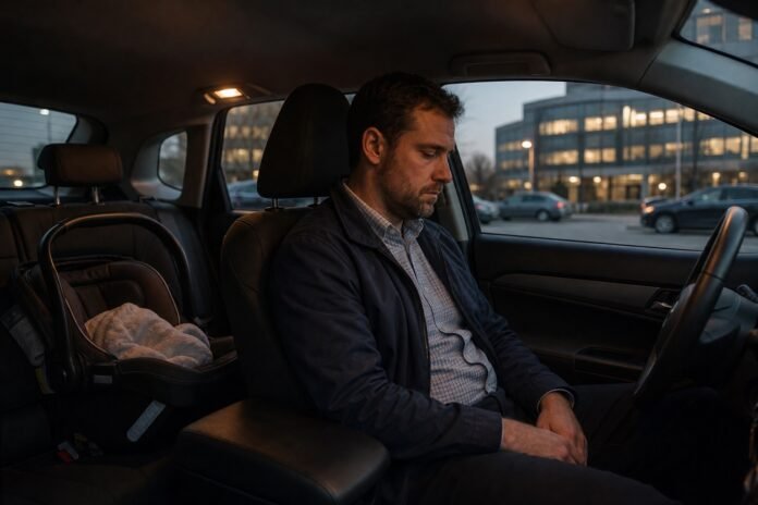 A father sits quietly in a parked car after work with an empty infant car seat behind him.
