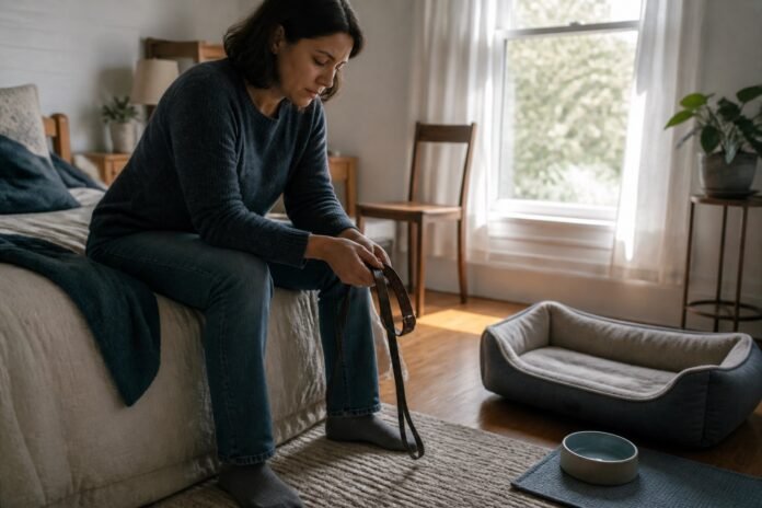 An adult holds a pet collar and leash beside an empty pet bed at home.