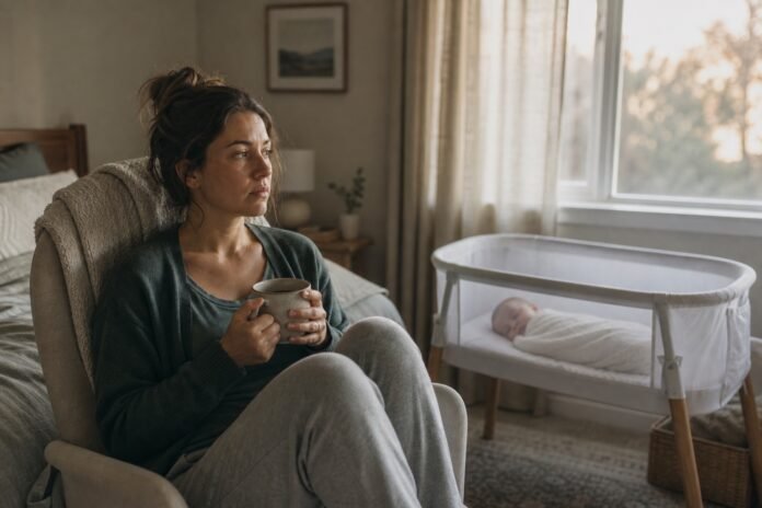 A tired mother holds a warm mug beside her sleeping baby in a bassinet at dawn.