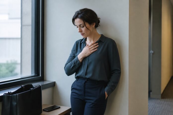 A woman pauses by an office window with one hand on her chest and her phone face down.