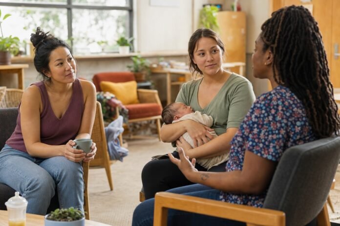 Three new parents talk in a peer-support group while one safely cradles a sleeping infant.
