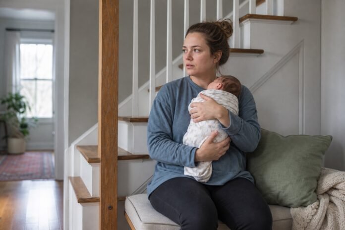 A mother holds her sleeping baby securely while seated beside a staircase.