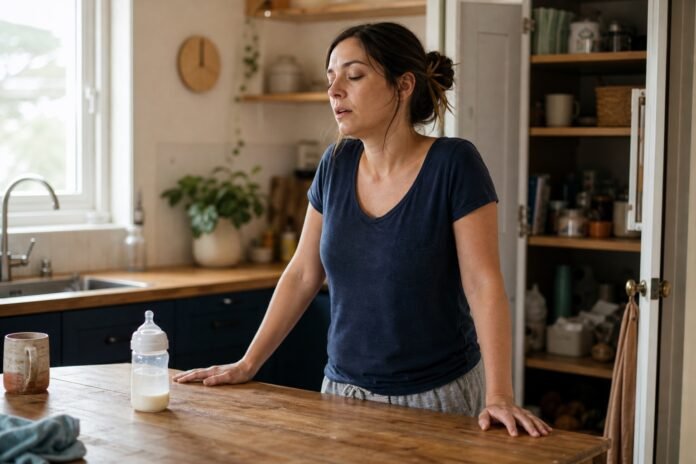 An exhausted mother pauses with both hands on the kitchen counter beside a baby bottle.