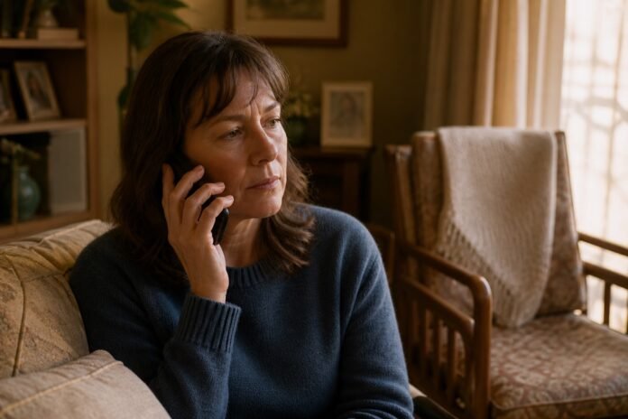 A bereaved adult listens to an old voicemail beside an empty chair at home.