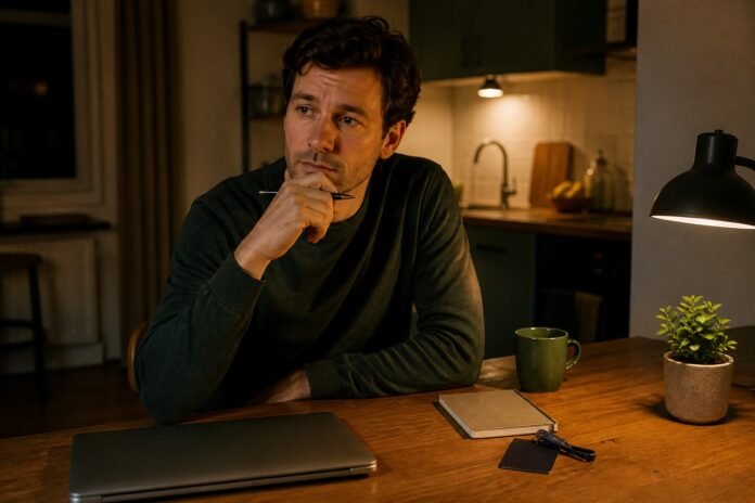A man sits at a kitchen table with a closed work laptop and notebook, considering a job decision.