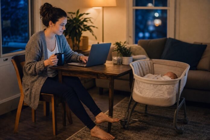 A mother searches on a laptop beside her sleeping baby in a bassinet during the evening.