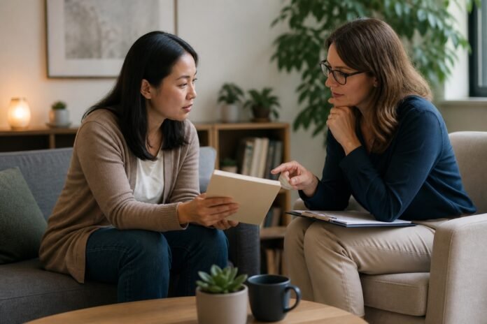 A client and therapist review progress notes together during a counseling session.