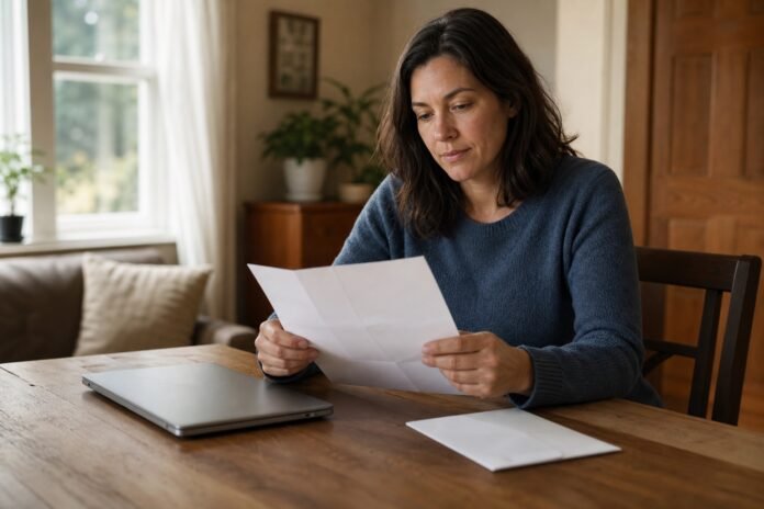An adult reviews an after-visit summary beside a closed laptop at home.